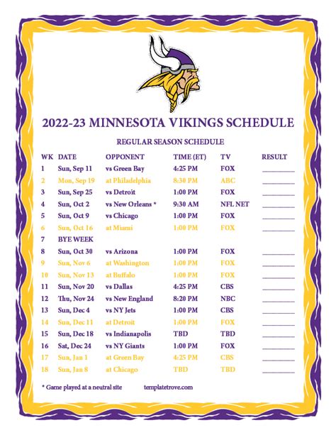 Vikings Schedule 2022 2023 Printable